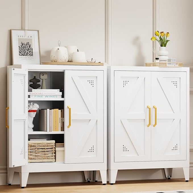 32" Metal Kitchen Pantry Cabinet,Floor Bathroom Storage Cabinet with 2 Adjustable Shelves,Freestanding Sideboard for Small Spaces, Living Room, Hallway, Dining Room,White