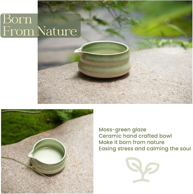 7pcs Moss Green Matcha Whisk Set with Cute 'Chubby Belly' Design - complete matcha kit set includes bamboo whisk, bowl, stand, scoop, sifter, towel -ideal gift for women and Japanese tea ceremony