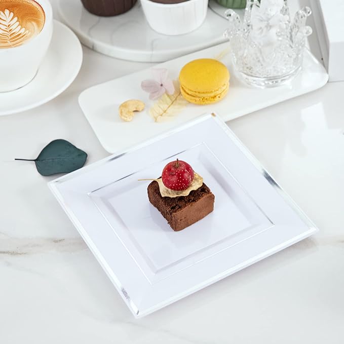 bUCLA 100PCS White and Silver Square Plastic Plates - 6inch Disposable Dessert Plates - Suitable for Weddings, Parties, Christmas