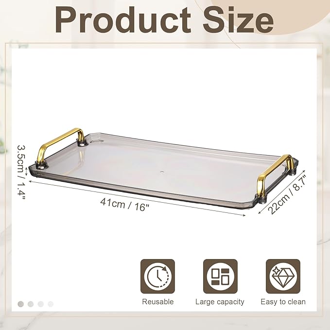 uxcell Plastic Serving Tray with Golden Handle, 16 x 8.7 Modern Rectangular Decorative Tray Acrylic Reusable Tea Platter for Countertop Bathroom Kitchen Home Restaurant, Grey