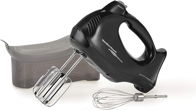 Hamilton Beach Power Deluxe 6-Speed Electric Hand Mixer with Snap-On Storage Case, QuickBurst, Beaters, Whisk, Powerful 250 Watt Motor, Bowl Rest, Black (62692)