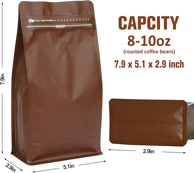 REMTAP Coffee Bags with Valve(50pcs,16 oz) Brown High Barrier Aluminumed Foil Flat Bottom Standing Coffee Beans Storage Bags,Reusable Heat Sealable Side Zipper Pouches for Home or Store