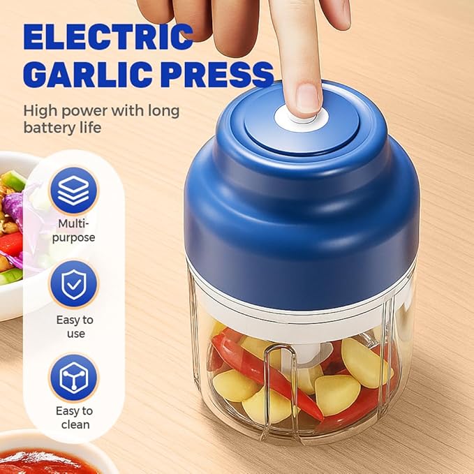 2026 New Electric Garlic Chopper, Mini Portable Veggie Chopper USB Charging Wireless Food Processor, Upgrade Electric Mini Garlic Chopper Set Wireless Veggie Grinder (Blue, 250ML)