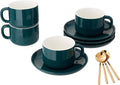 Coffee Cups and Saucers Set of 4 with Stainless Steel Spoons, 8oz Ceramic Cappuccino Cups Set, Green Durable Porcelain Cups for Tea, Latte, Mocha