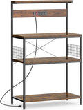 Sweetcrispy Kitchen Bakers Rack with Power Outlet, Coffee Bar Table 4 Tiers, Microwave Oven Stand Station, Adjustable Storage Shelf Freestanding Appliance Organizer - 32 Inch, Rustic Brown