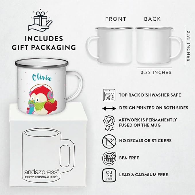 Andaz Press Personalized Name 11oz. Kids Christmas Hot Chocolate Stainless Steel Campfire Coffee Mug, Festive Red Owl, 1-Pack, Custom Child’s Birthday Xmas Cup