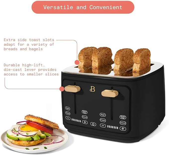 Beautiful 4 Slices Toaster - 7 Shade Settings, Touch Display, Extra-Wide Slots for Bagels, Gluten-Free & Frozen Presets, LED Countdown, Removable Crumb Tray, 1800-watt toasting system- Black Sesame