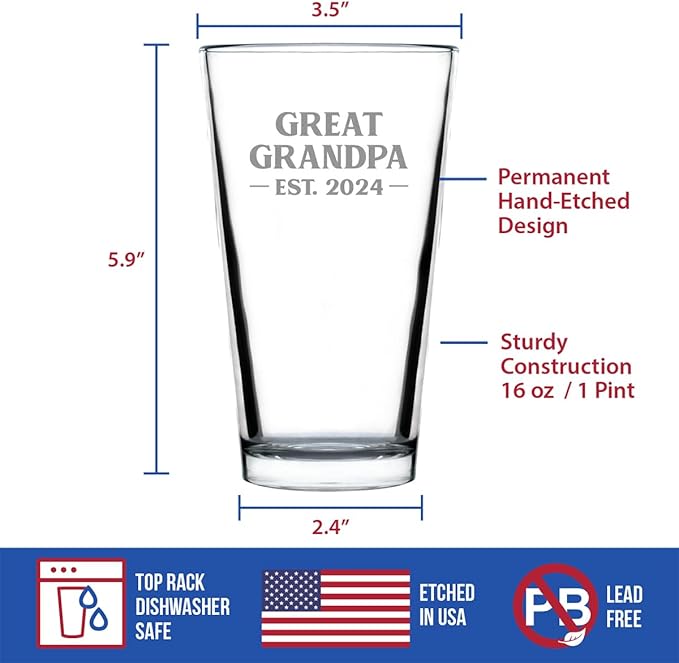 Bevvee Great Grandpa Est 2024 - New Great Grandfather Pint Glass Gift for First Time Great Grandparents - Bold 16 Oz Glasses