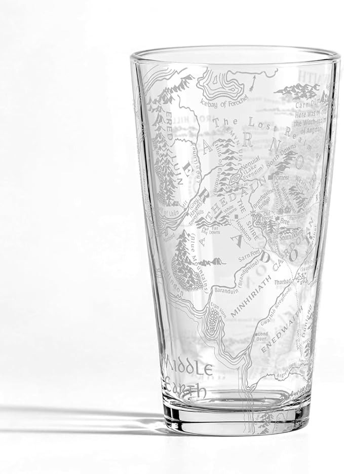MAP OF MIDDLE EARTH Engraved 16oz Pint Glass | Inspired by Tolkien Ring and Elfs Magic Orcs | Great Christmas Gift Idea | Unique Elvish Fantasy Wizard Fantasy Decor!