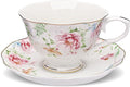 fanquare 7 oz Floral Tea Cup and Saucer Set for Afternoon Tea, British Style Porcelain Coffee Cup with Gold Trim for Home Party Gifting