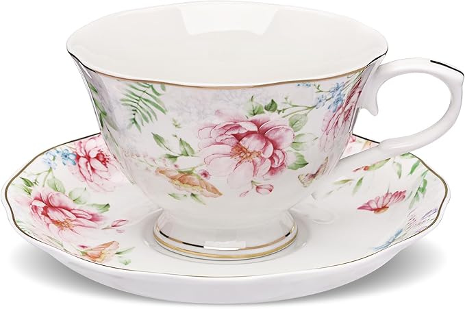 fanquare 7 oz Floral Tea Cup and Saucer Set for Afternoon Tea, British Style Porcelain Coffee Cup with Gold Trim for Home Party Gifting