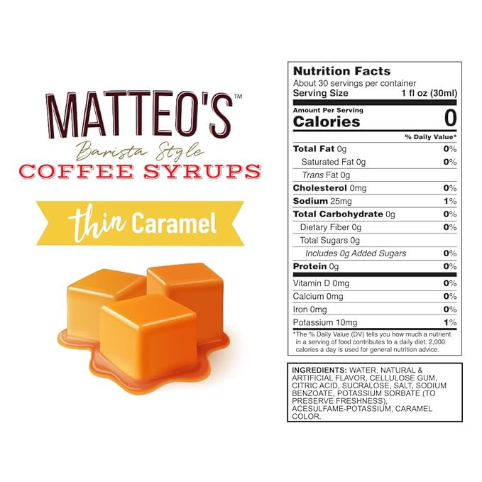 Matteo's Caramel Syrup for Coffee, Lattes, Cappuccinos & Desserts – Sugar-Free Sweetener for Beverages, Keto Friendly, Zero Calories, Indulgent Flavor, Non-Alcoholic, Ideal for Coffee 33.8oz (1pk)