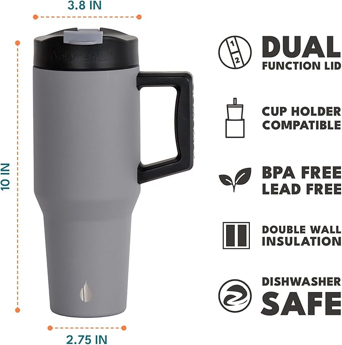 Elemental 32 oz 100% Leak Proof Tumbler with Handle & Straw - Stainless Steel Double Wall Insulated Tumbler for Hot and Cold Beverages - Travel Coffee Mug with Sip & Straw Lid - Graphite