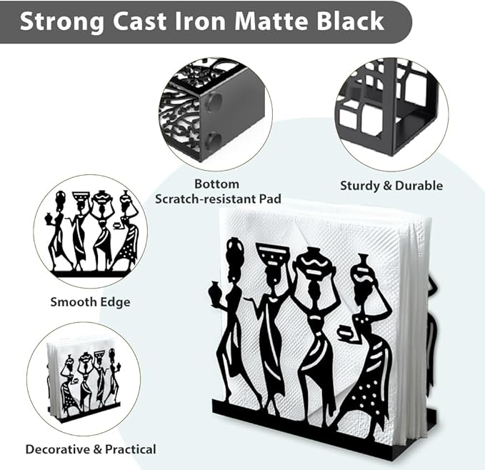 African Female Decorative Black Metal Napkin Holder for Table, 5.3" x 4.9" x 1.9" African Women Standing Napkin Holder for Home Kitchen Restaurant Picnic Party Coffee Bar Dining Room