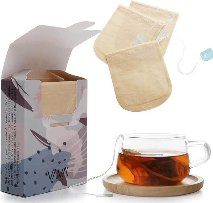 VIVA Large Tea Bags for Loose Leaf Tea, 50 Ct, Holds 6 Tbsp of Coffee, Tea, Spices in Natural Unbleached Manila Hemp Empty Filter Bag, Compostable, Disposable with Extra Long String