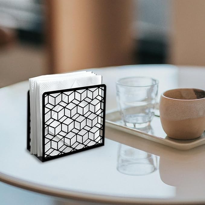 Geometric 3D Cube Decorative Black Metal Napkin Holder for Table, 5.3" x 4.9" x 1.9" 3D Cube Geometric Standing Napkin Holder for Home Kitchen Restaurant Picnic Party Coffee Bar Dining Room