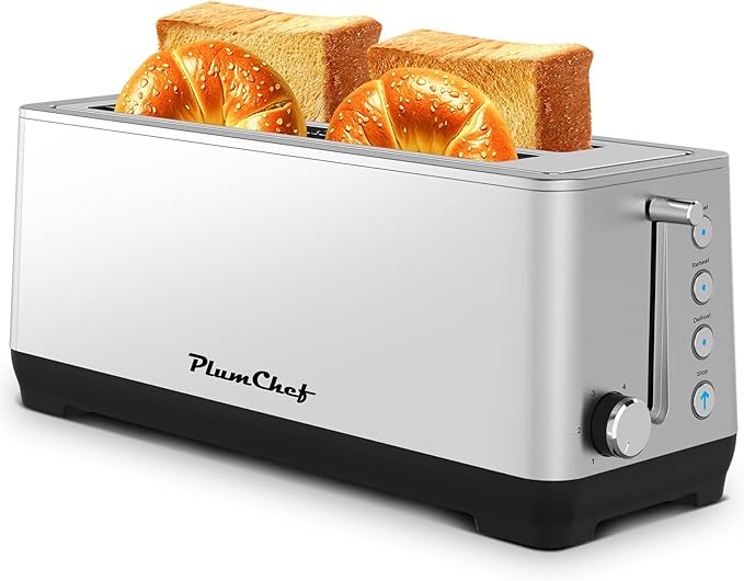 4-Slice Toaster, Extra Wide Long Slot Toaster with Warming Rack, 6 Browning Settings, Bagel/Defrost/Reheat Functions, Removable Crumb Tray, Stainless Steel Housing,Silver