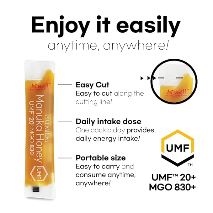 Hi Well Premium New Zealand 100% Manuka Honey | Monofloral Pure Raw Honey | UMF MGO Certified | Easy to take12g x 30 sticks | 12.6Oz(360g) (UMF 20+)