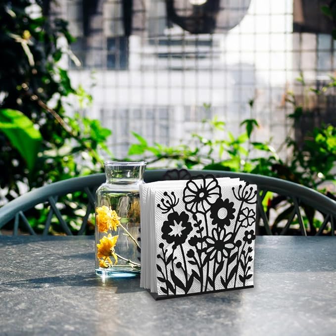 Wildflowers Decorative Black Metal Napkin Holder for Table, 4.9" x 5.3" x 1.9" Flowers Standing Napkin Holder for Home Kitchen Restaurant Picnic Party Coffee Bar Dining Room