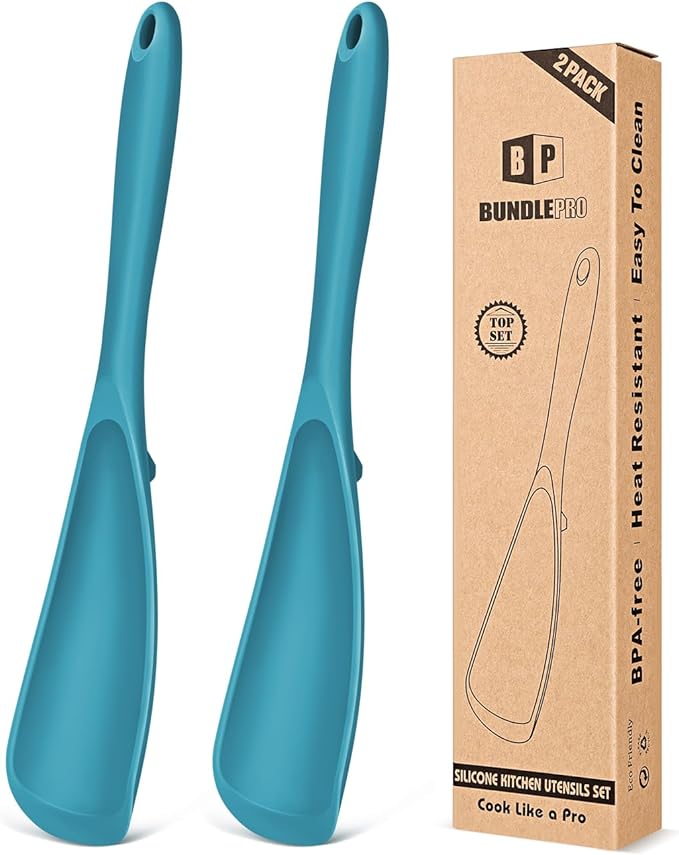 Pack of 2 Cooking Spoons for Non Stick Cookware, Multifunction Spatula Spoon BPA-Free, One-Piece Design, Suitable for Scooping, Scraping, Serving and Mixing (BLUE-BLUE)