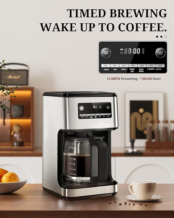 Kismile Coffee Maker, 14-Cup Programmable Drip Coffee Makers Machines with Timer, Reusable Filter & Keep Hot Plate, Auto Pause, Self-Cleaning, Stainless Steel