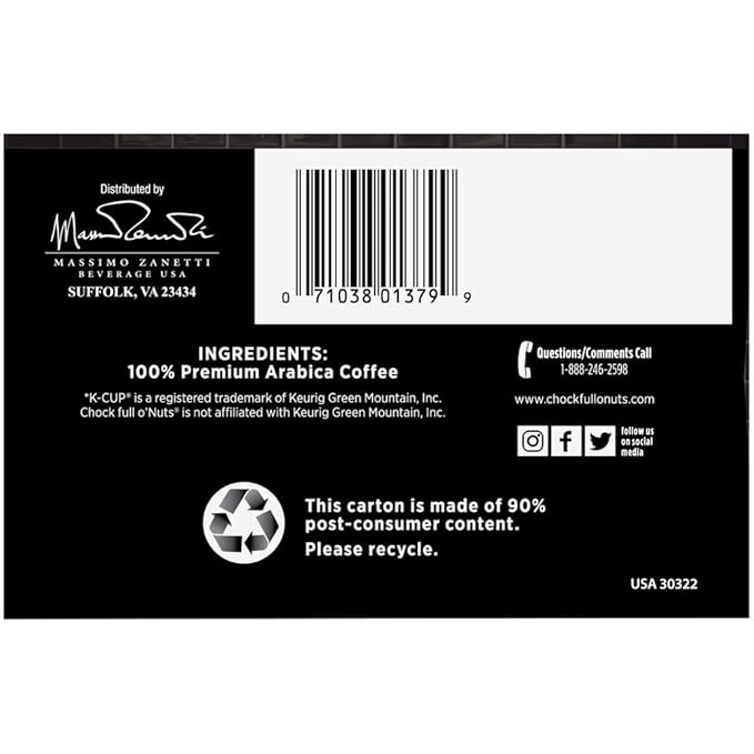 Chock Full o’Nuts Donut Shop, Medium Roast K-Cups – Compatible with Keurig Pods K-Cup Brewers (4 Packs of 12 Single-Serve Cups)