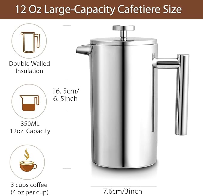 Miuly Small French Press Coffee Maker,12OZ/350ML Stainless Steel Insulated Coffee Press,Stainless Steel French Press with 2 Fliters 0.35 Liter (12oz, Sliver)