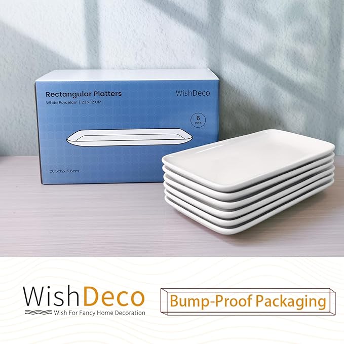 Small Rectangle Plates Set of 6, White Serving Platters 9 inch, Ceramic Sushi Plates, Serving Plate for Appetizer, Dessert, Party, Microwave Safe