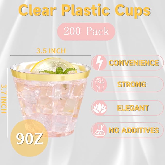 WELLIFE 200 PCS Gold Plastic Cups,9 oz Clear Plastic Cups,Disposable Wine Glasses,Plastic Cocktail Glasses for Party and Wedding