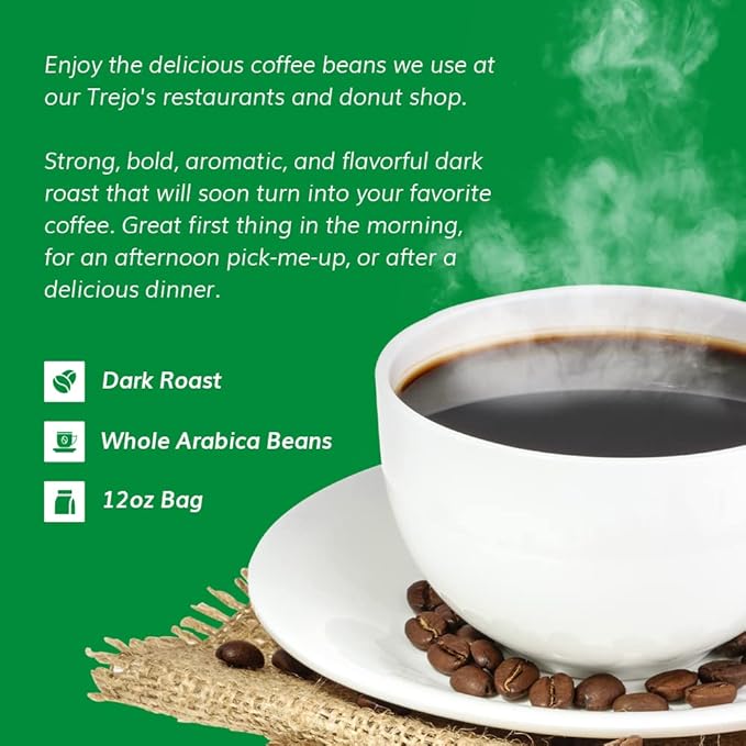 Trejo's Coffee House Blend Dark Roast Whole Bean Coffee, 12 Ounce Bag, 100% Arabica