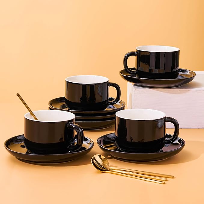 7oz Coffee Cups with Saucers and Gold Spoons - Set of 4 Cappuccino Cup, Black Porcelain Cups Serving for Tea, Latte, Mocha