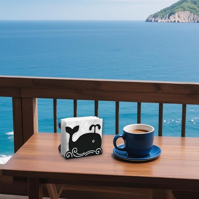 Cartoon Whale Decorative Black Metal Napkin Holder for Table, 5.3" x 4.1" x 1.9" Whale Marine Animal Standing Napkin Holder for Home Kitchen Restaurant Picnic Party Coffee Bar Dining Room