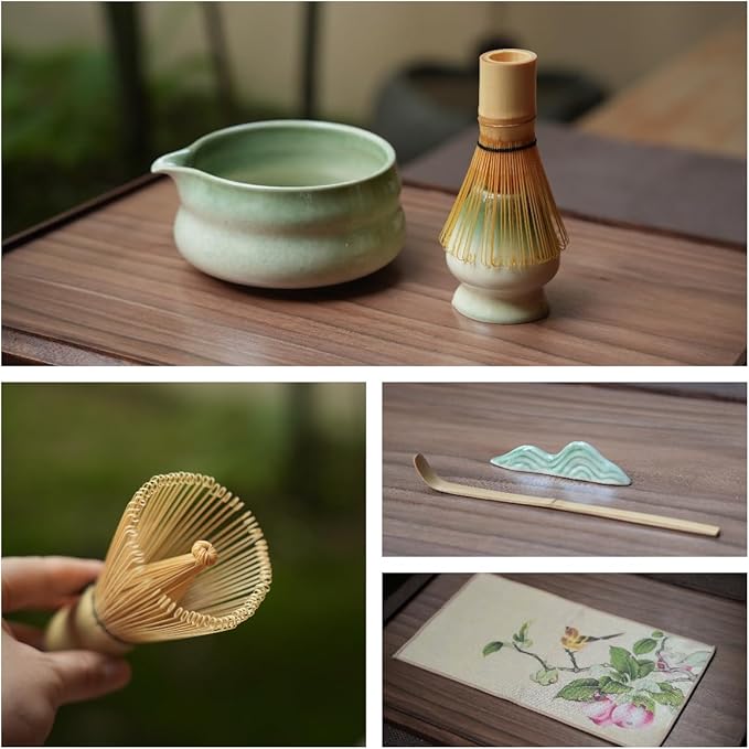7pcs Moss Green Matcha Whisk Set with Cute 'Chubby Belly' Design - complete matcha kit set includes bamboo whisk, bowl, stand, scoop, sifter, towel -ideal gift for women and Japanese tea ceremony