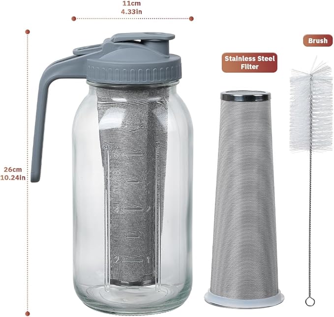 Glass Tea Pitcher with Airtight Lid Leak Proof Mason Jar with Stainless Steel Filter Glass Empty Jar for Water, Tea and Juice (Gray)