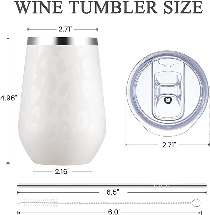 MEWAY 12oz Insulated Wine Tumbler Bulk, Double Wall Vacuum Stainless Steel Travel Tumbler with Straw,12 pack of wine tumbler(Almond Leopard,Set of 12)