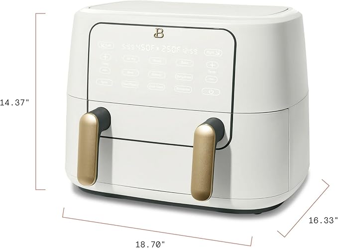 Beautiful 9QT TriZone Air Fryer, White by Drew Barrymore – Dual & Single Zone Cooking, Sync Cook & Finish, 6 Presets, Family Size, Elegant Matte Design, Dishwasher Safe