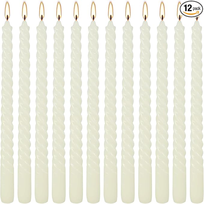 10 Inch Ivory Spiral Taper Candle Set of 12 Pack Unscented Dripless Candlesticks for Valentine's Day,Dinner,Party,Brithday,Wedding,Christmas,and Home Decoration