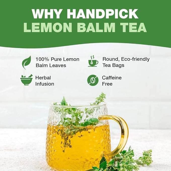 HANDPICK Lemon Balm Tea Bags – 100 Count | 100% Pure & Naturally Dried | Caffeine-Free Herbal Tea with Citrus Flavor & Aroma | Premium Lemon Balm Leaf