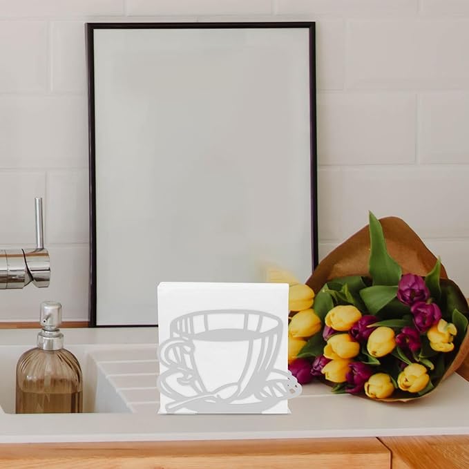 FUOYLOO White Stainless Steel Napkin Holder with Hollowout Coffee Cup Design Multifunctional Kitchen Table Tissue Stand for Countertop Dining Decor