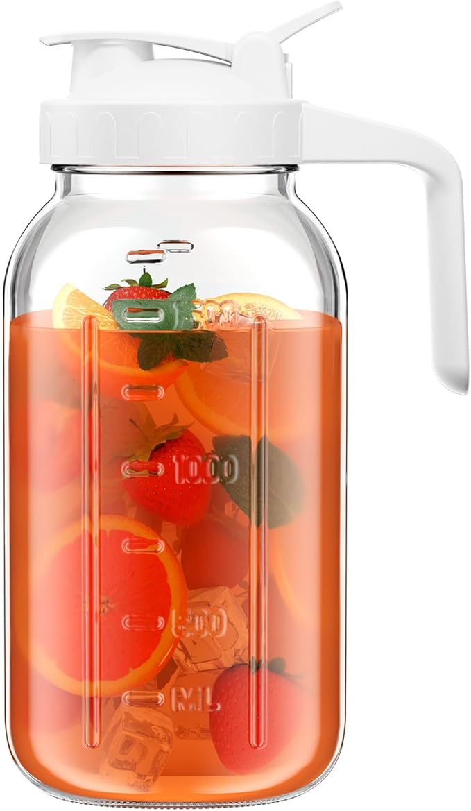 64 oz Glass Pitcher with Lid, Large Wide Mouth Mason Jar with Pour Spout, White Sun Tea Glass Jar for Outside, Breastmilk Pitcher Great for Drink, Cold Beverages and Breast Milk