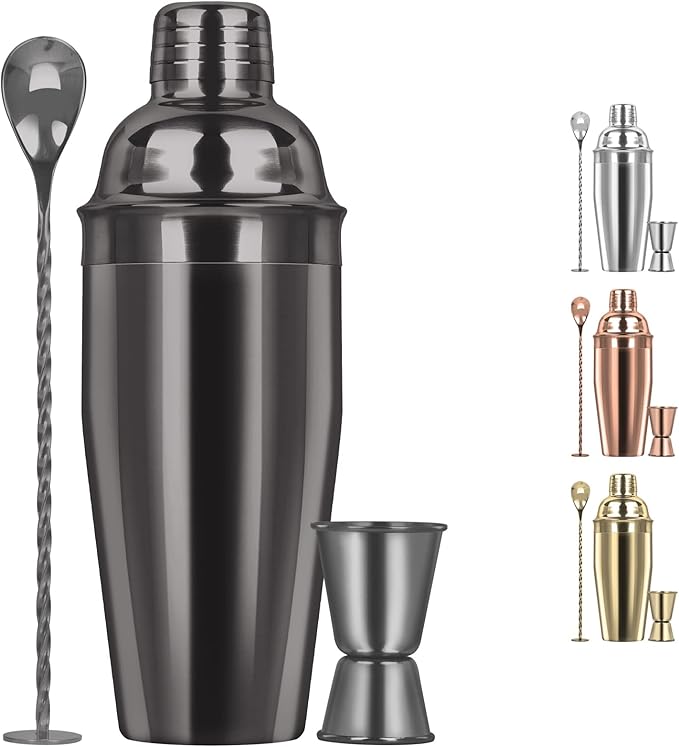 Large 24oz Cocktail Shaker Set, Stainless Steel 18/8 Martini Mixer Shaker with Built-in Strainer, Measuring Jigger & Mixing Spoon, Martini Shaker Set, Perfect for Bartender and Home Use, Black