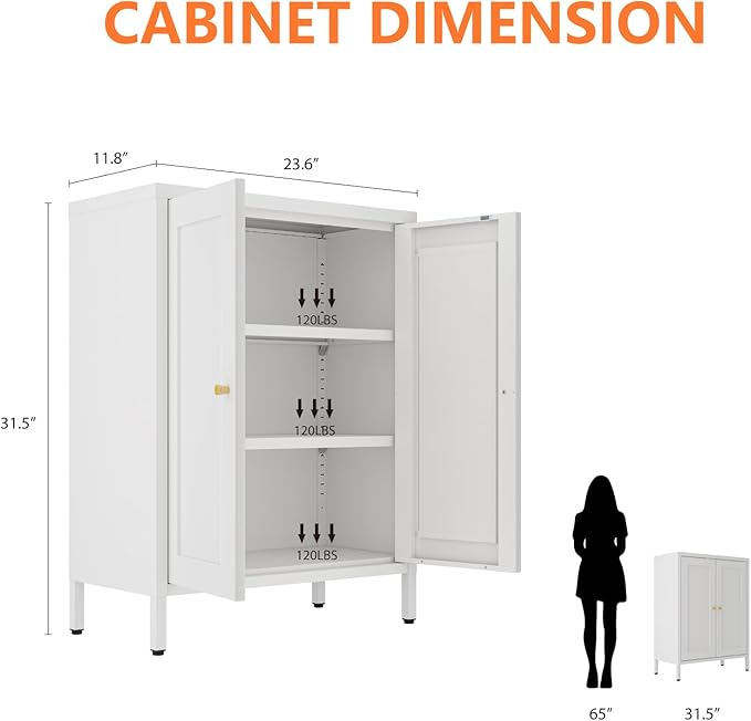 Metal Bathroom Cabinet, Small Floor Storage Cabinet, Freestanding Sideboard with 2 Adjustable Shelves for Living Room, Dinging Room (White, 31.5" H-2 Doors)