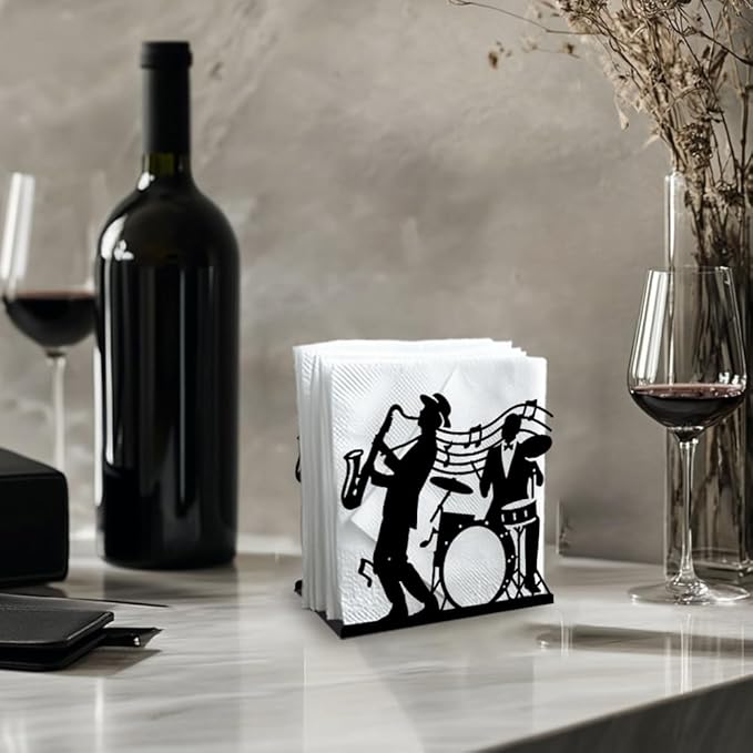 Jazz Live Performance Decorative Black Metal Napkin Holder for Table, 5.3" x 4.9" x 1.9" Sheet Music Standing Napkin Holder for Home Kitchen Restaurant Picnic Party Coffee Bar Dining Room
