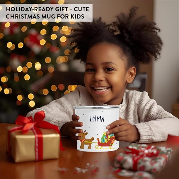 Andaz Press Personalized Name 11oz. Kids Christmas Hot Chocolate Stainless Steel Campfire Coffee Mug Adorable Rudolph Reindeer Sleigh, 1-Pack Custom Birthday Xmas Cup Hot Cocoa Mugs Christmas Mug Kids
