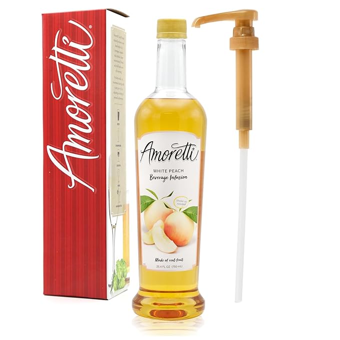 Amoretti - White Peach Beverage Infusion, 94 Servings Per Bottle (750 ml) - Drink Mix & Water Enhancer with Pump for Flavoring Cocktails, Waters, Teas, and other Beverages, Preservative Free