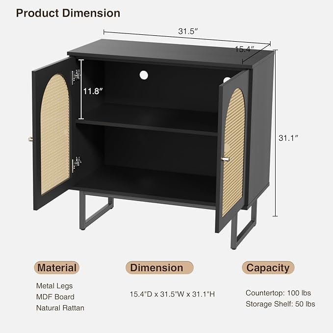 Storage Cabinet with 2 Arched Rattan Doors, Rattan Sideboard Buffet Cabinet with Storage, Boho Entryway Table Console Credenza TV Stand for Living/Dining Room, Kitchen, Hallway, Black
