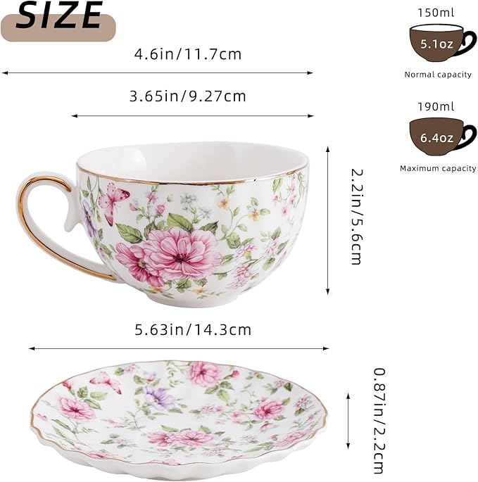Tea Cup and Saucers, 6.4oz Floral Tea Cups with Gold Trim, Coffee Cappuccino Espresso Latte Mugs for Party Birthday,Christmas Gift (Pink and purple flowers)