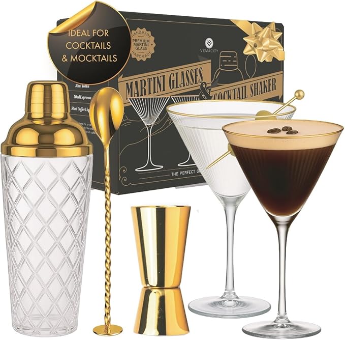VEMACITY - Luxury Cocktail Shaker Set - Gold Glass Cocktail Shaker with Built-In Strainer + 2 Ribbed Espresso Martini Glasses with Gold Rims, Bar Spoon & Jigger | Ideal for Christmas & New Years