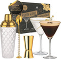 VEMACITY - Luxury Cocktail Shaker Set - Gold Glass Cocktail Shaker with Built-In Strainer + 2 Ribbed Espresso Martini Glasses with Gold Rims, Bar Spoon & Jigger | Ideal for Christmas & New Years