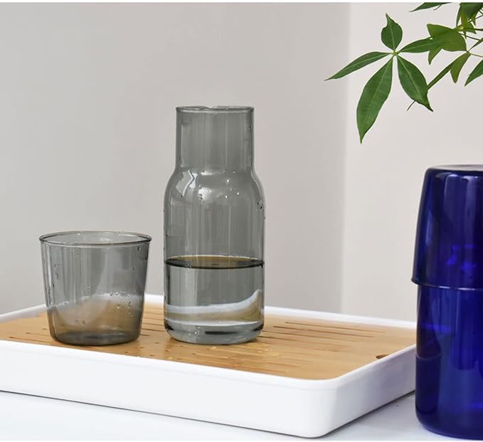Bedside Glass Water Carafe Set with Cup, Glass Carafe with Lid Mouthwash Cups for Bedroom Bathroom Juice Wine Milk